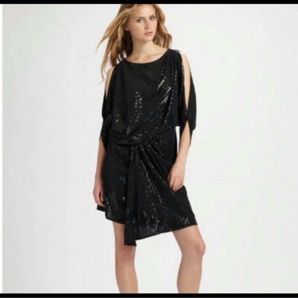 DAVID MEISTER Asymmetric Sequined Jersey Dress Size 4 Black Ruched Stretch Party
